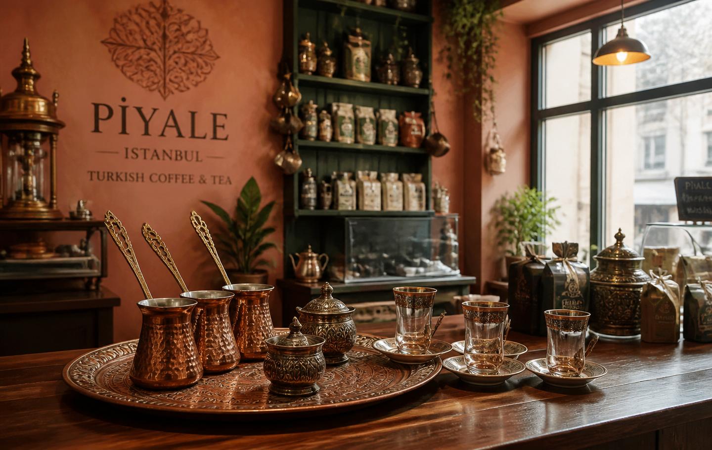 Turkish Cafe interior with traditional copper coffee pots, ornate tea glasses, and imported Turkish goods on wooden shelves