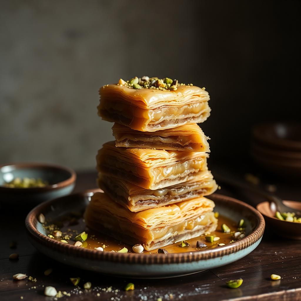 Stacked pistachio baklava on a rustic plate