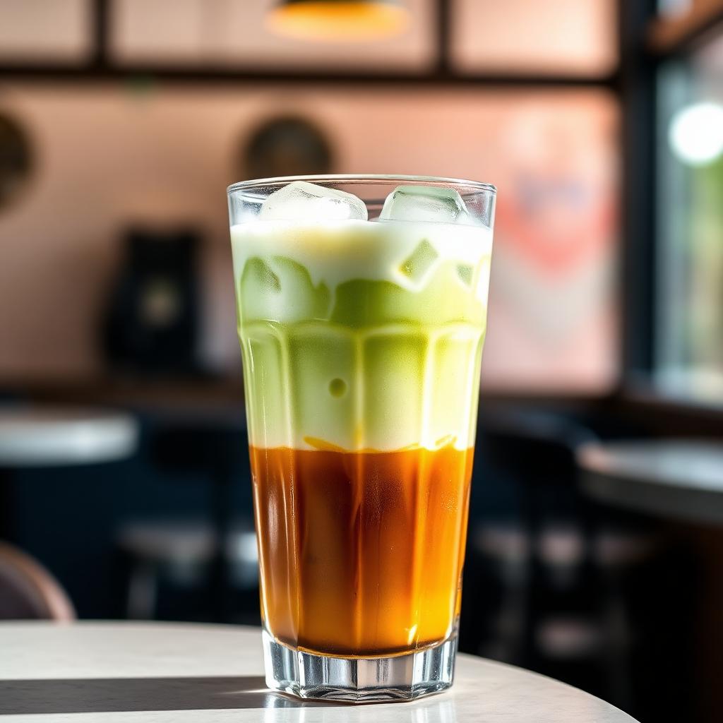 Iced pistachio latte in a tall glass