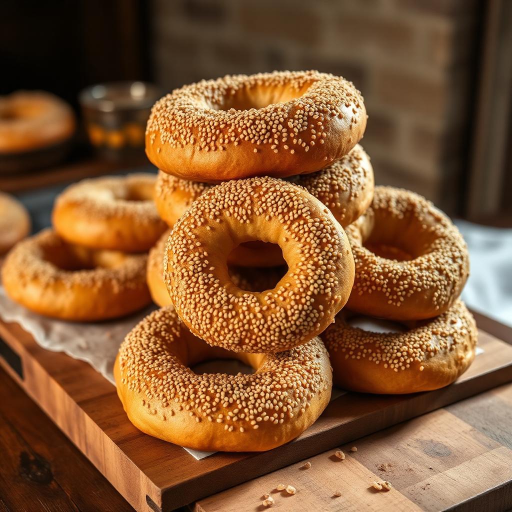 Freshly baked sesame simit rings