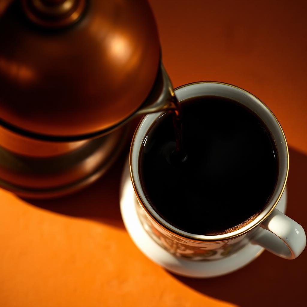Turkish coffee pouring from a copper cezve