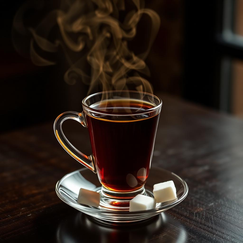 Turkish black tea in a tulip glass with sugar cubes